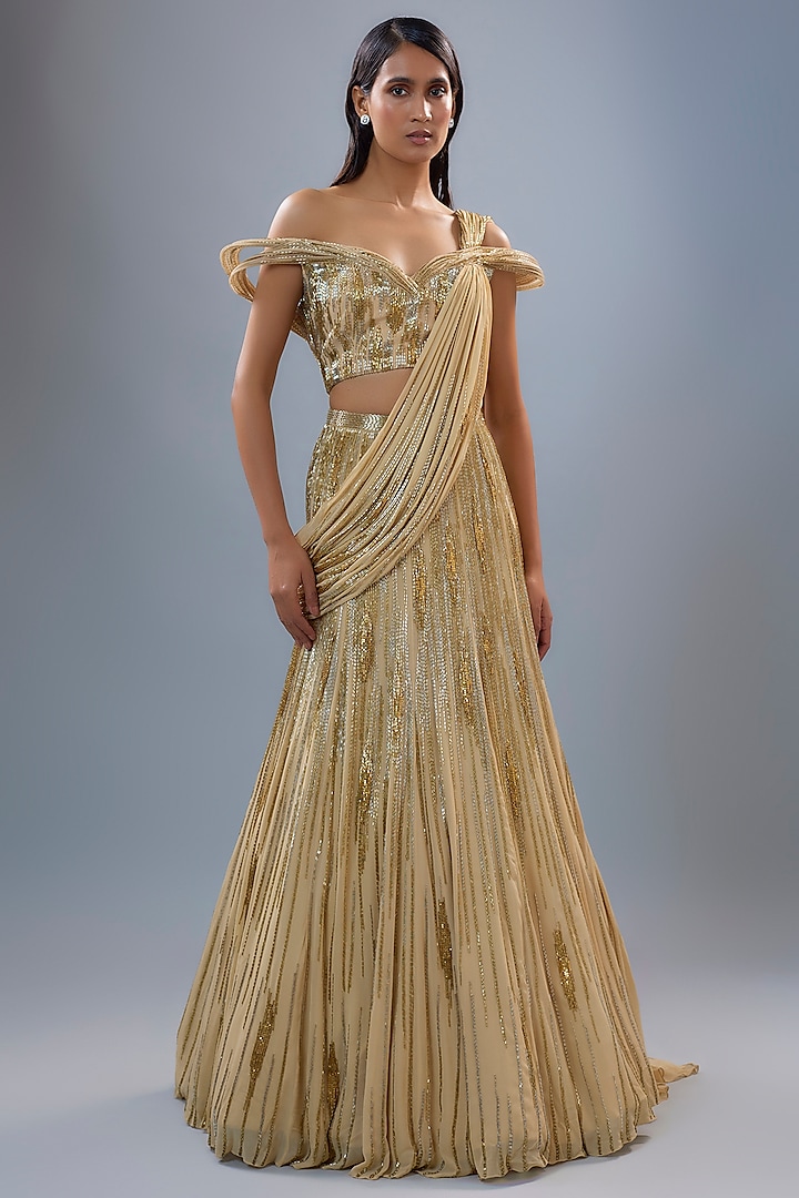 Gold Viscose Georgette Bugle Bead Embroidered Lehenga Saree Set by Gaurav Gupta at Pernia's Pop Up Shop