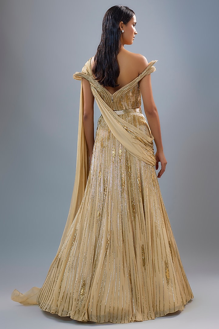 Gold Viscose Georgette Bugle Bead Embroidered Bridal Lehenga Saree Set by Gaurav Gupta at Pernia's Pop Up Shop