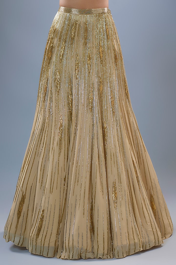 Gold Viscose Georgette Bugle Bead Embroidered Bridal Lehenga Saree Set by Gaurav Gupta at Pernia's Pop Up Shop