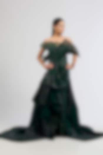 Emerald Green Polyester Sequins Off-Shoulder Sculpted Bridal Gown by Gaurav Gupta at Pernia's Pop Up Shop