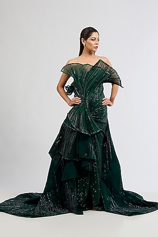 Emerald Green Polyester Sequins Off-Shoulder Sculpted Gown by Gaurav Gupta