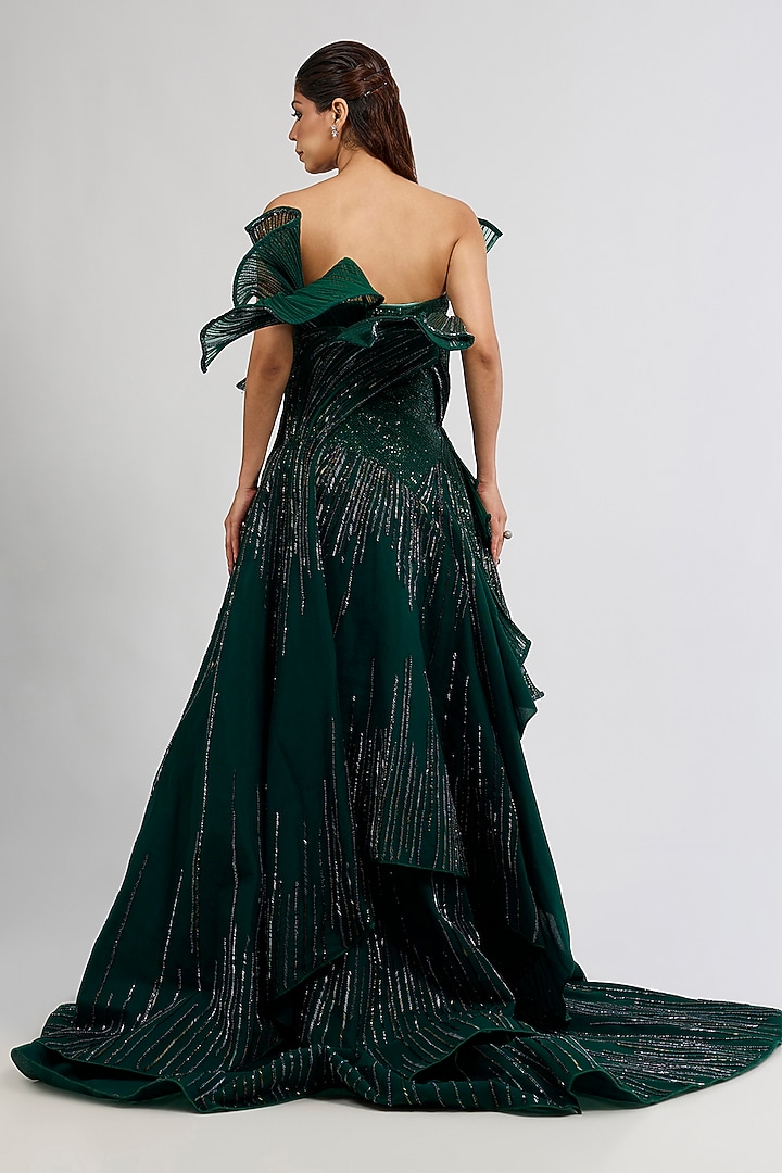 Emerald Green Polyester Sequins Off-Shoulder Sculpted Bridal Gown by Gaurav Gupta at Pernia's Pop Up Shop