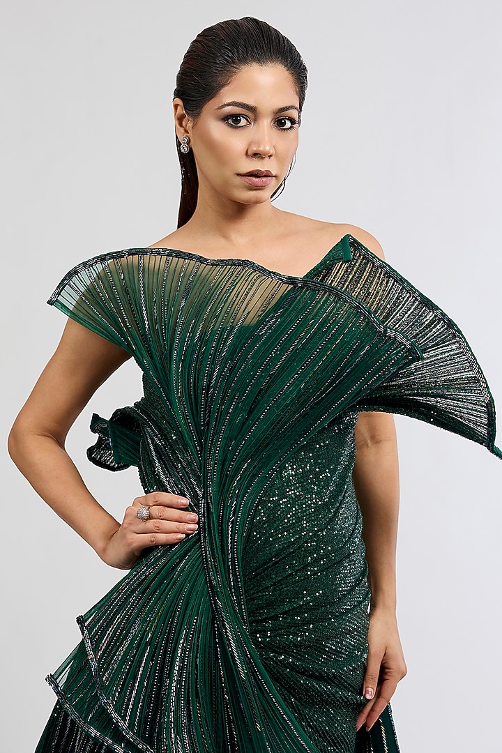 Emerald Green Polyester Sequins Off-Shoulder Sculpted Bridal Gown by Gaurav Gupta at Pernia's Pop Up Shop