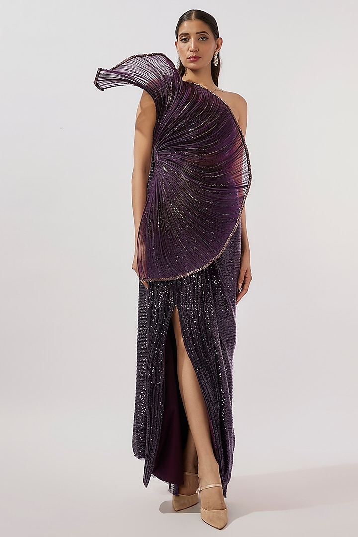 Grape Sequins Bugle Bead & Glass Embroidered Sculpted Gown Saree by Gaurav Gupta