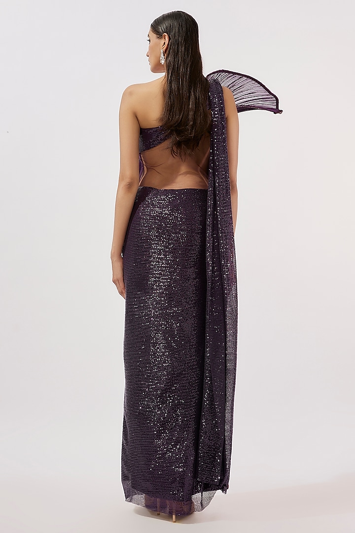 Grape Sequins Bugle Bead & Glass Embroidered Sculpted Bridal Gown Saree by Gaurav Gupta at Pernia's Pop Up Shop