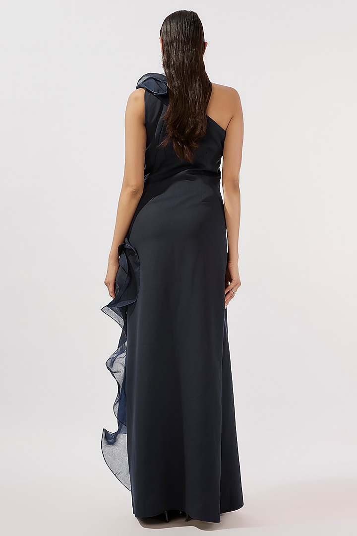 Midnight Blue Crepe One-Shoulder Ruffle Bridal Gown by Gaurav Gupta at Pernia's Pop Up Shop