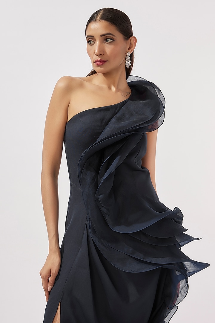 Midnight Blue Crepe One-Shoulder Ruffle Bridal Gown by Gaurav Gupta at Pernia's Pop Up Shop