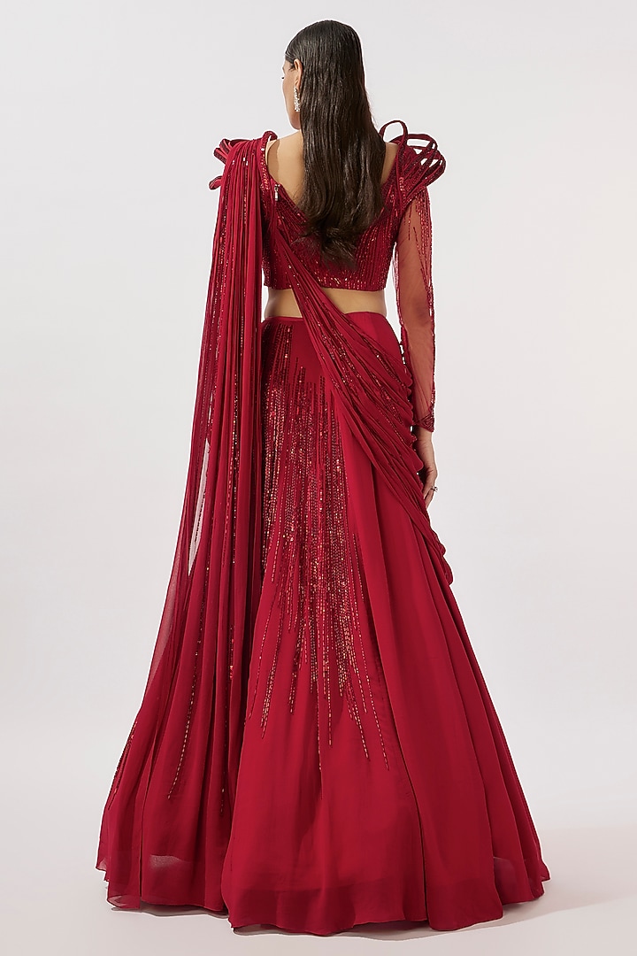 Lava Red Viscose Georgette Glass Bead Embroidered Bridal Lehenga Saree by Gaurav Gupta at Pernia's Pop Up Shop