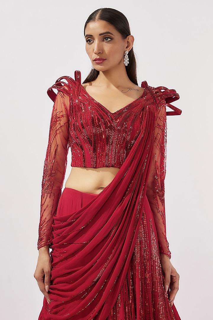 Lava Red Viscose Georgette Glass Bead Embroidered Bridal Lehenga Saree by Gaurav Gupta at Pernia's Pop Up Shop