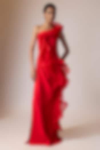 Red Polyester & Crepe One-Shoulder Ruffled Bridal Gown by Gaurav Gupta at Pernia's Pop Up Shop