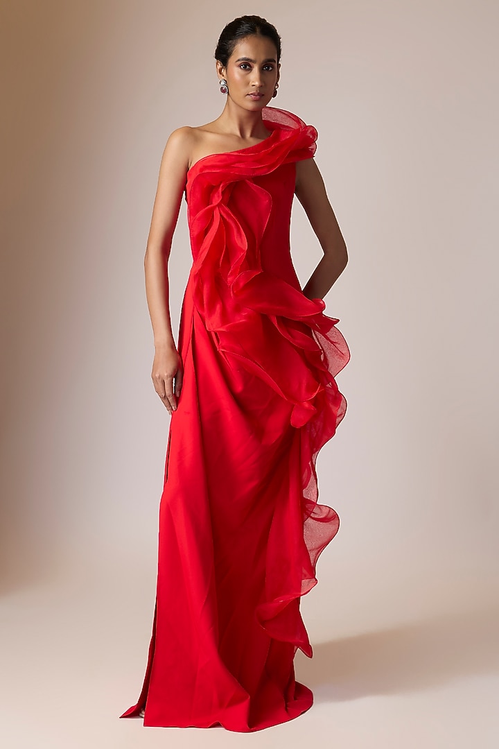 Red Polyester & Crepe One-Shoulder Ruffled Bridal Gown by Gaurav Gupta at Pernia's Pop Up Shop