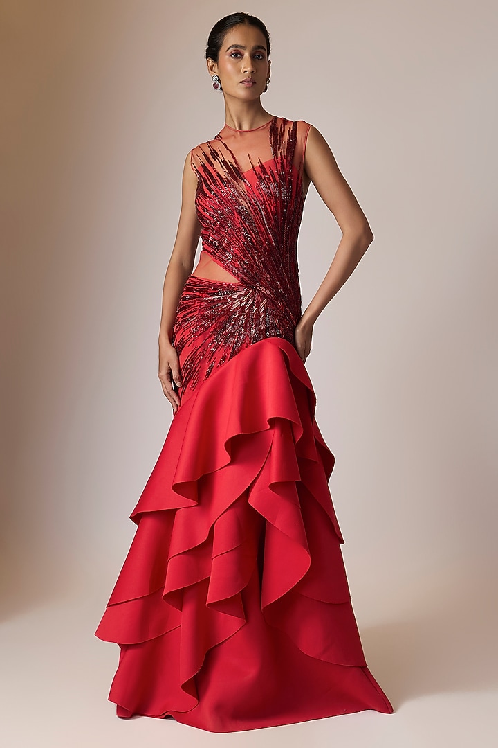 Red Neoprene Embroidered Bridal Gown by Gaurav Gupta at Pernia's Pop Up Shop