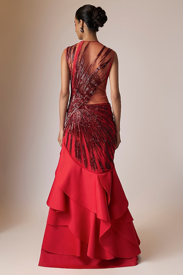 Red Neoprene Embroidered Bridal Gown by Gaurav Gupta at Pernia's Pop Up Shop