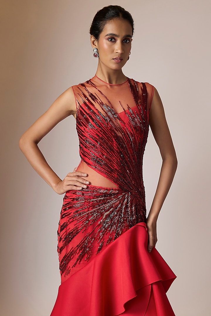 Red Neoprene Embroidered Bridal Gown by Gaurav Gupta at Pernia's Pop Up Shop