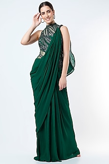 Bottle Green Embroidered Gown Saree by Gaurav Gupta-POPULAR PRODUCTS AT STORE