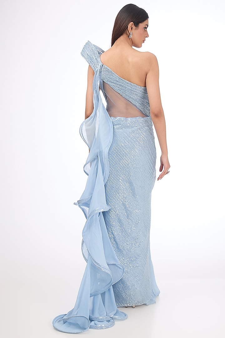 Ocean Blue Sequins Sculpted Bridal Gown Saree by Gaurav Gupta at Pernia's Pop Up Shop