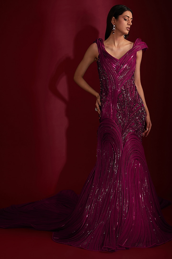 Fuchsia Silk Crepe Sculpted Bridal Gown by Gaurav Gupta at Pernia's Pop Up Shop