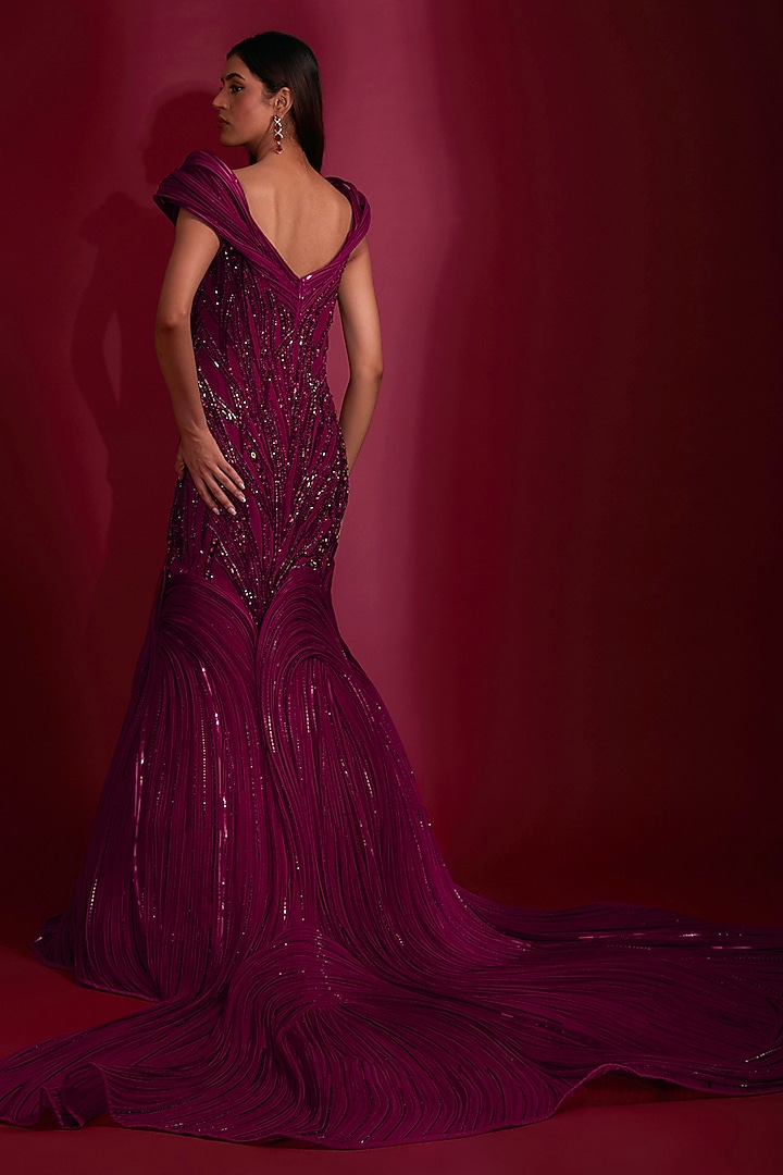 Fuchsia Silk Crepe Sculpted Bridal Gown by Gaurav Gupta at Pernia's Pop Up Shop
