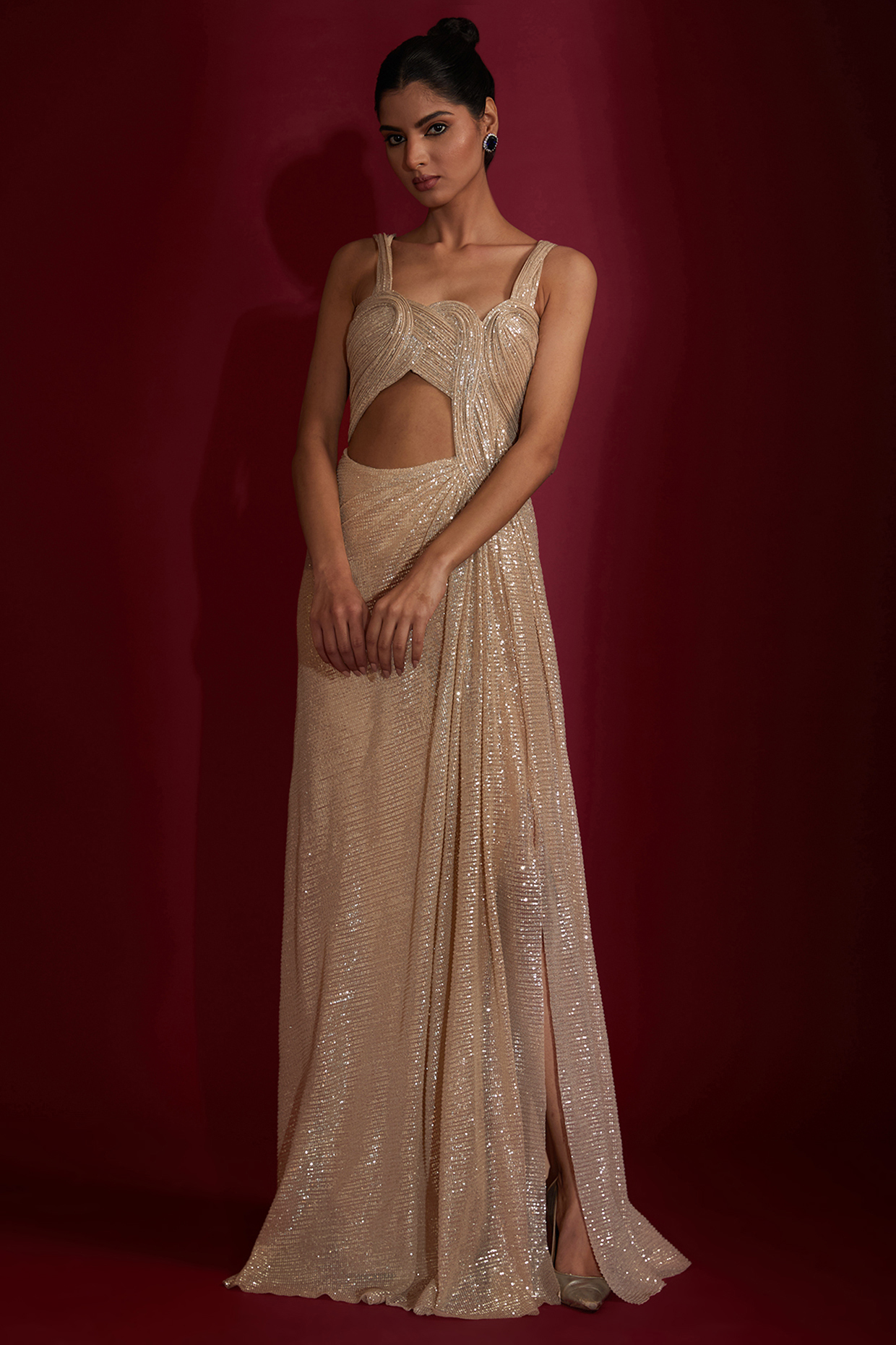 Champagne Sequins Embroidered Sculpted Draped Bridal Gown by Gaurav Gupta at Pernia's Pop Up Shop