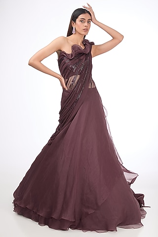 Dark Mulberry Organza Bugle Bead Embroidered Saree Lehenga by Gaurav Gupta