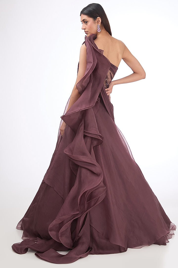 Dark Mulberry Organza Bugle Bead Embroidered Bridal Saree Lehenga by Gaurav Gupta at Pernia's Pop Up Shop