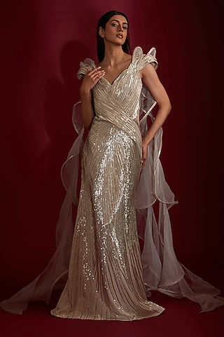 Sage Gold Crepe Glass Bugle Bead Embellished Sculpted Gown by Gaurav Gupta