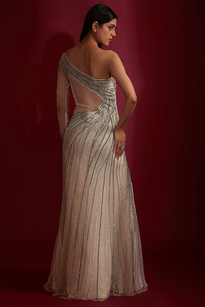 Sage Gold Tulle Glass Bugle Bead Embroidered Bridal Gown by Gaurav Gupta at Pernia's Pop Up Shop