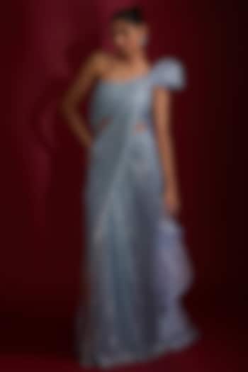Ocean Blue Sequins Embroidered Sculpted Bridal Gown Saree by Gaurav Gupta at Pernia's Pop Up Shop