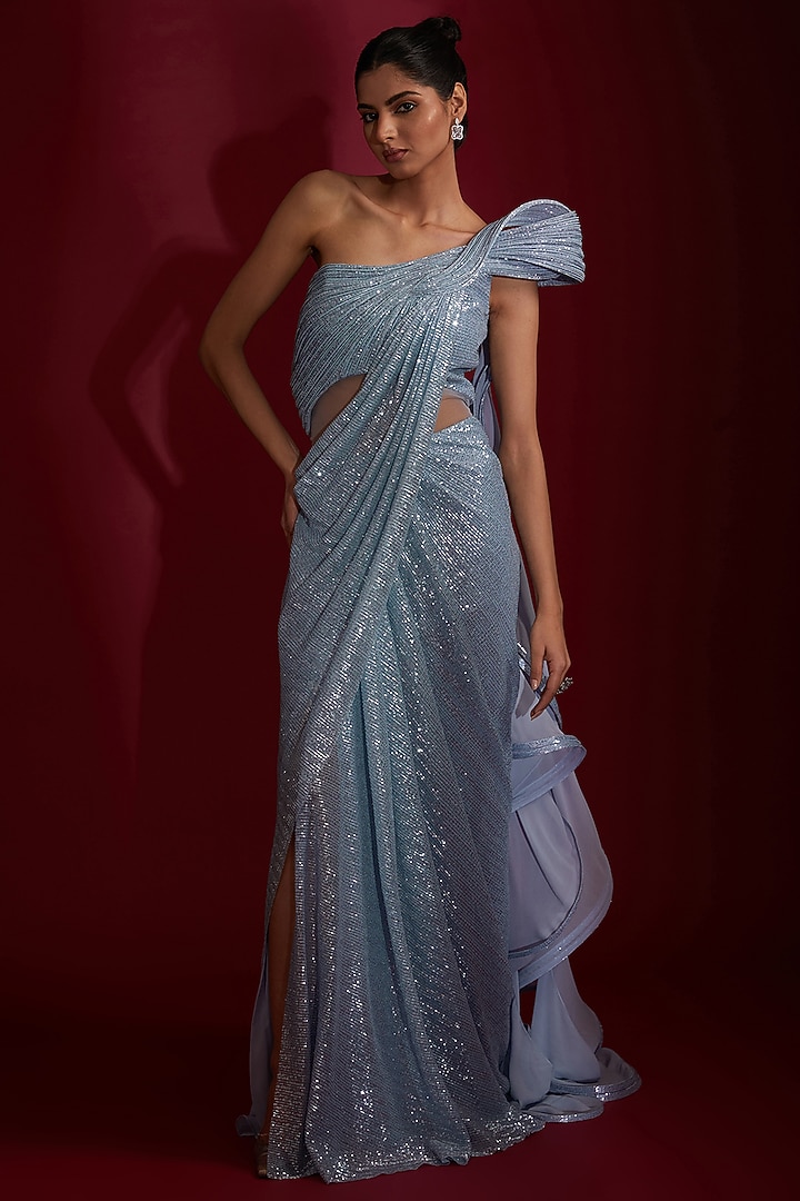 Ocean Blue Sequins Embroidered Sculpted Bridal Gown Saree by Gaurav Gupta at Pernia's Pop Up Shop