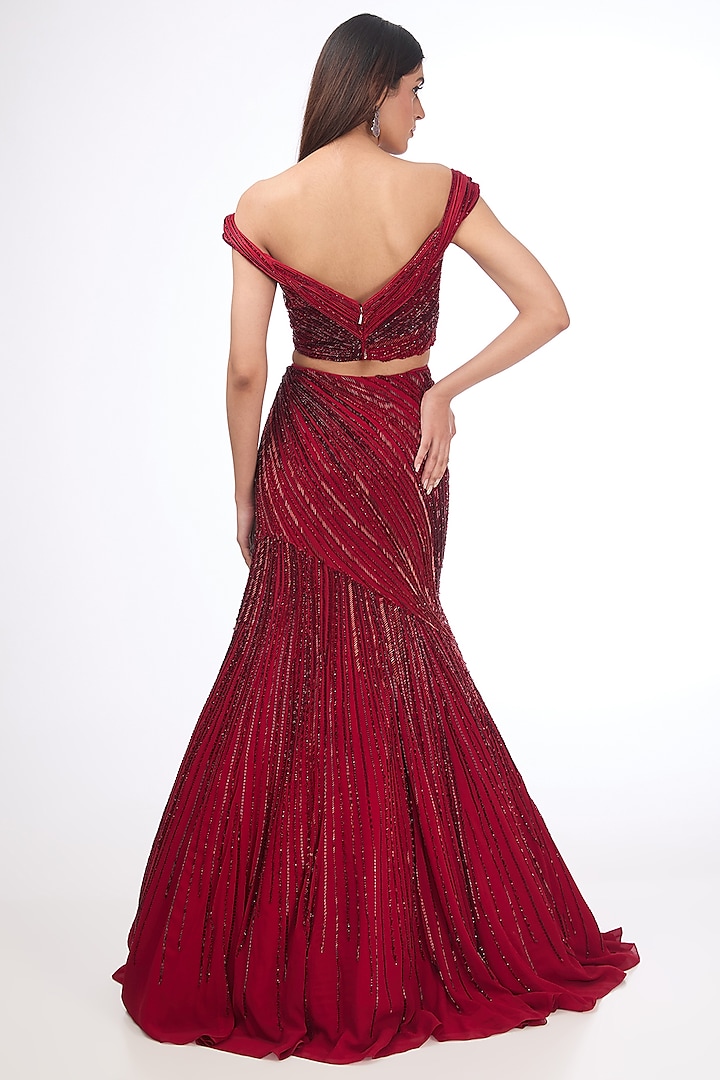 Lava Red Viscose Georgette Bugle Bead Embroidered Bridal Lehenga Set by Gaurav Gupta at Pernia's Pop Up Shop