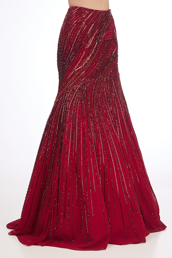 Lava Red Viscose Georgette Bugle Bead Embroidered Bridal Lehenga Set by Gaurav Gupta at Pernia's Pop Up Shop