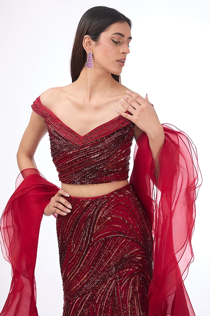 Lava Red Viscose Georgette Bugle Bead Embroidered Bridal Lehenga Set by Gaurav Gupta at Pernia's Pop Up Shop