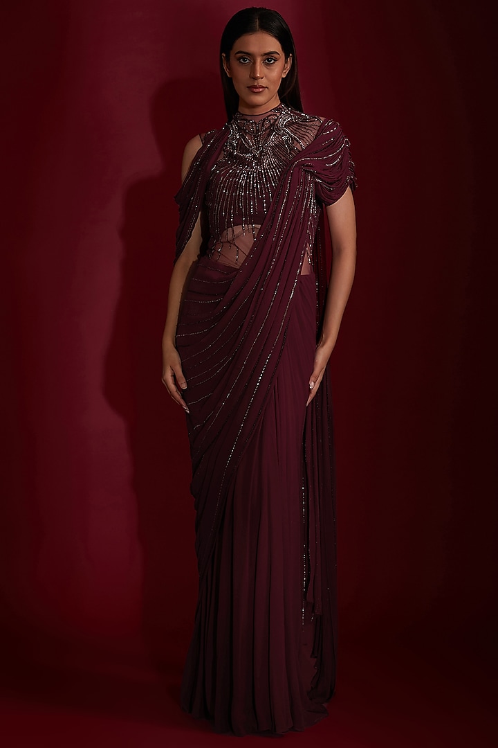 Wine Georgette Bugle Bead Embellished Draped Gown Saree by Gaurav Gupta