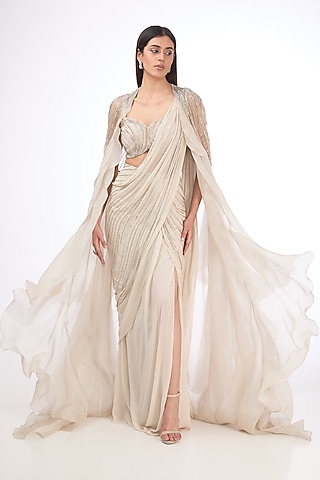 Sage Gold Viscose Georgette Pre-Stitched Jacket Saree Set by Gaurav Gupta