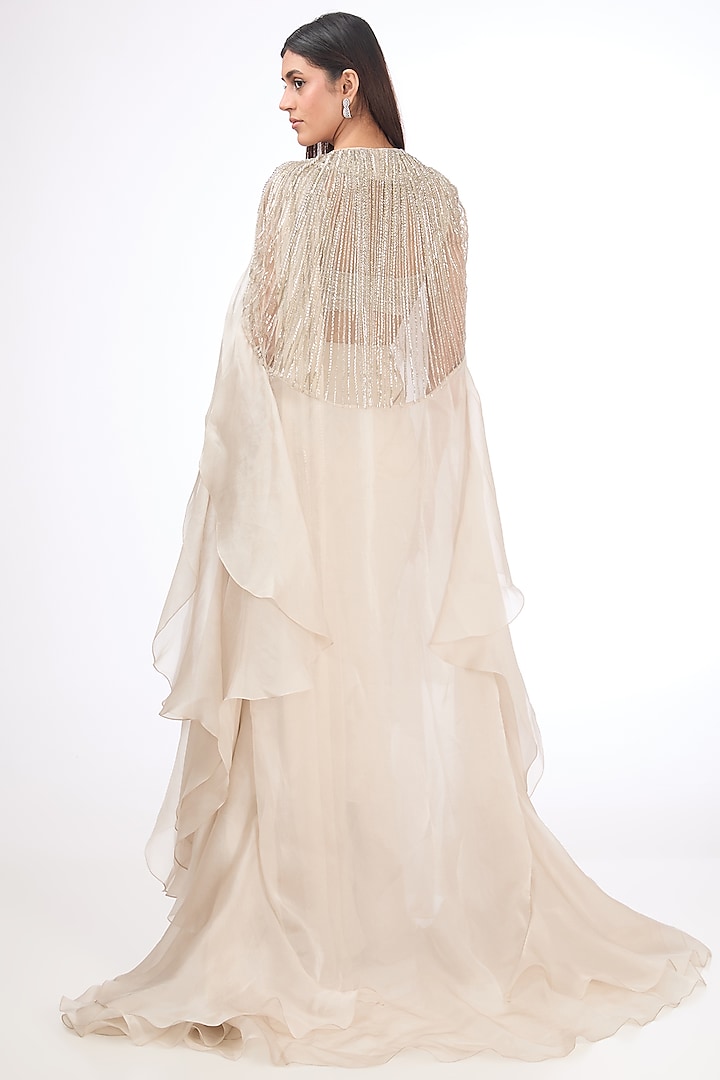 Sage Gold Viscose Georgette Pre-Stitched Jacket Bridal Saree Set by Gaurav Gupta at Pernia's Pop Up Shop