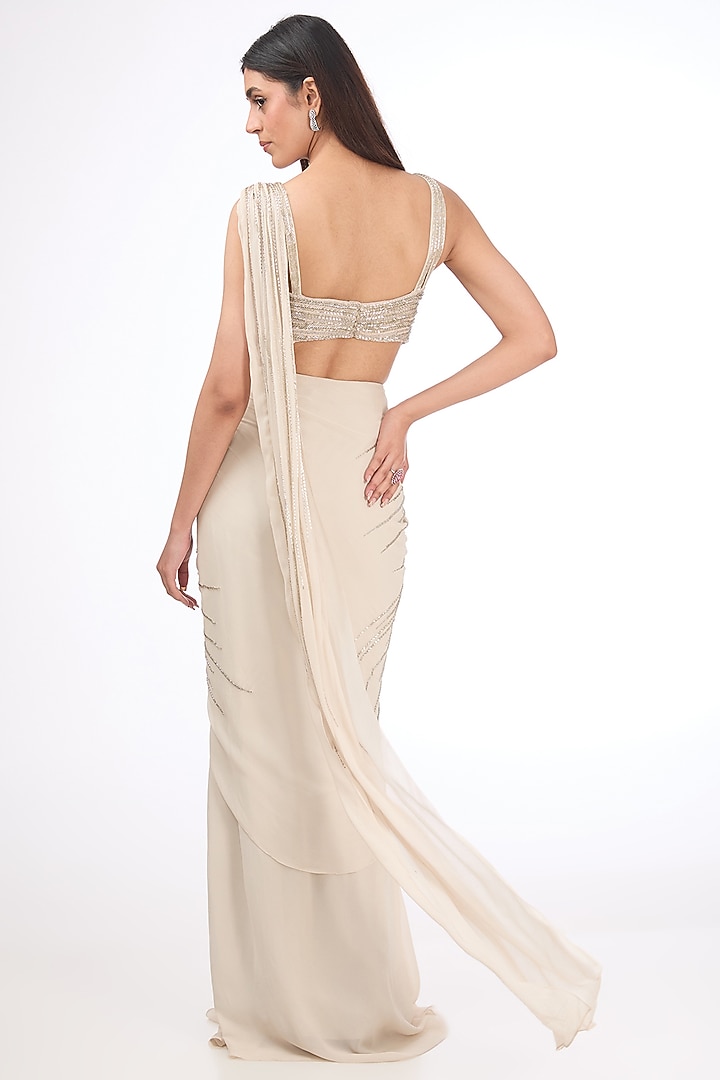 Sage Gold Viscose Georgette Pre-Stitched Jacket Bridal Saree Set by Gaurav Gupta at Pernia's Pop Up Shop