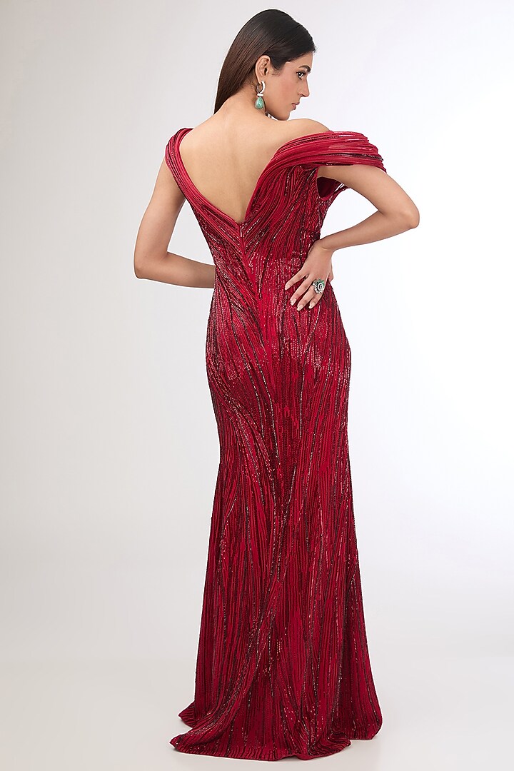 Fuchsia Crepe Bugle Bead Embroidered Sculpted Bridal Gown by Gaurav Gupta at Pernia's Pop Up Shop