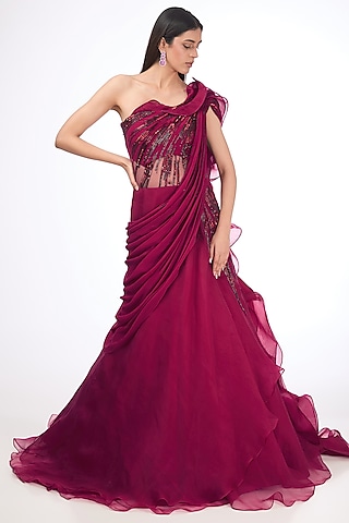 Fuchsia Organza Bugle Bead Embroidered Ruffled Lehenga Saree by Gaurav Gupta