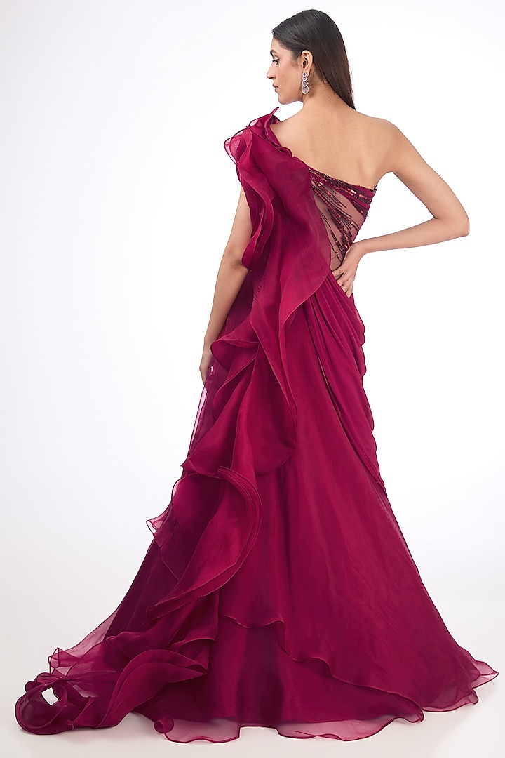 Fuchsia Organza Bugle Bead Embroidered Ruffled Bridal Lehenga Saree by Gaurav Gupta at Pernia's Pop Up Shop