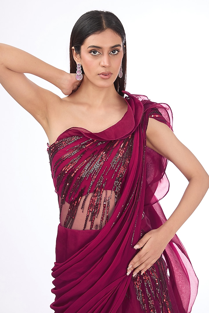 Fuchsia Organza Bugle Bead Embroidered Ruffled Bridal Lehenga Saree by Gaurav Gupta at Pernia's Pop Up Shop