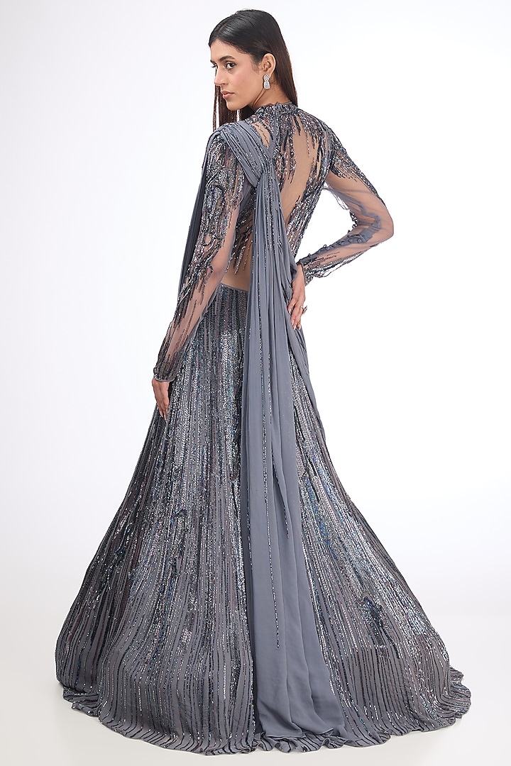 Lava Grey Viscose Georgette Embroidered Bridal Lehenga Saree by Gaurav Gupta at Pernia's Pop Up Shop