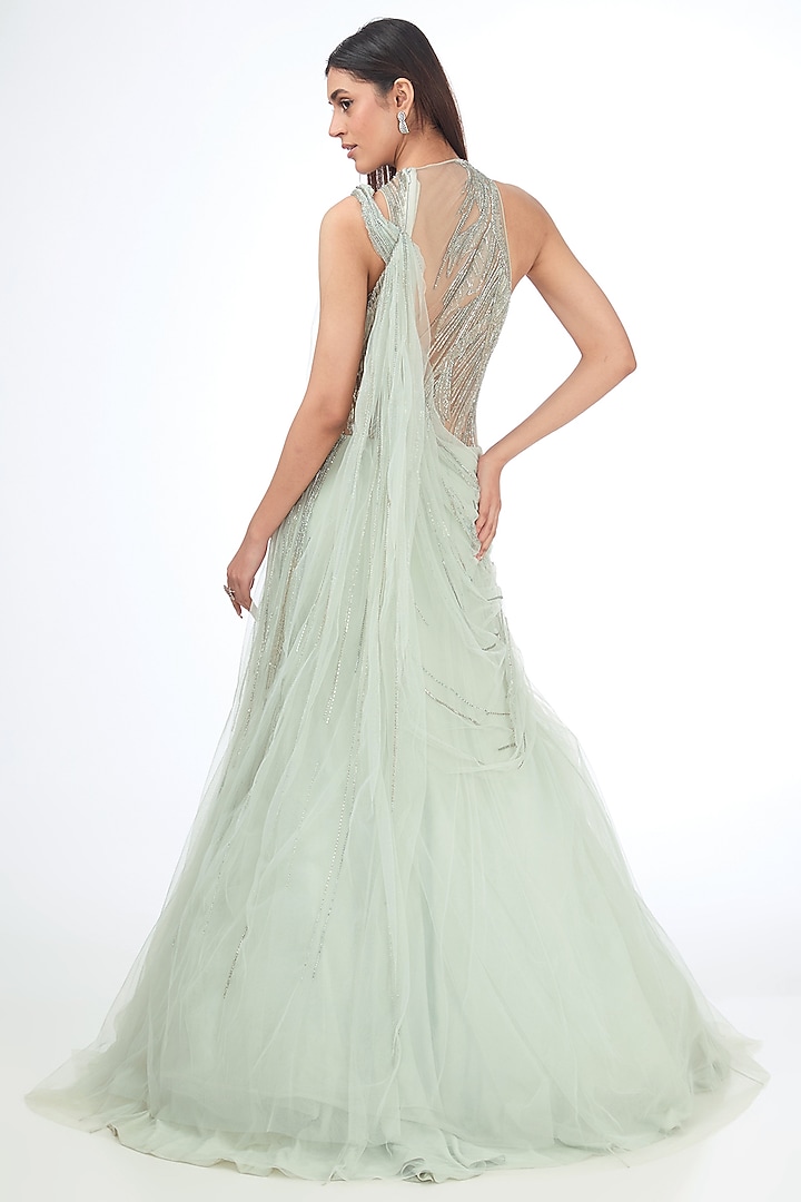 Aqua Mist Tulle Bead Embroidered Bridal Lehenga Saree by Gaurav Gupta at Pernia's Pop Up Shop