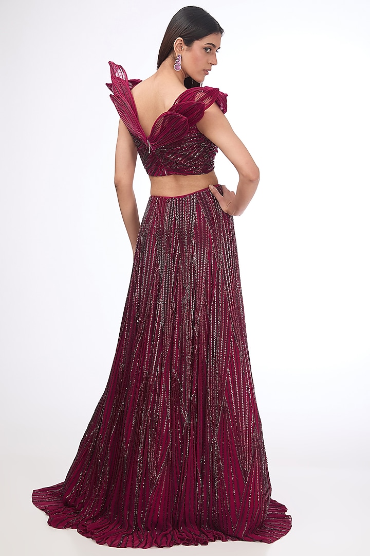 Fuchsia Viscose Georgette Embroidered Petal Sculpted Bridal Lehenga Set by Gaurav Gupta at Pernia's Pop Up Shop