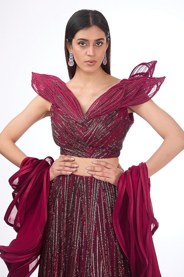 Fuchsia Viscose Georgette Embroidered Petal Sculpted Bridal Lehenga Set by Gaurav Gupta at Pernia's Pop Up Shop