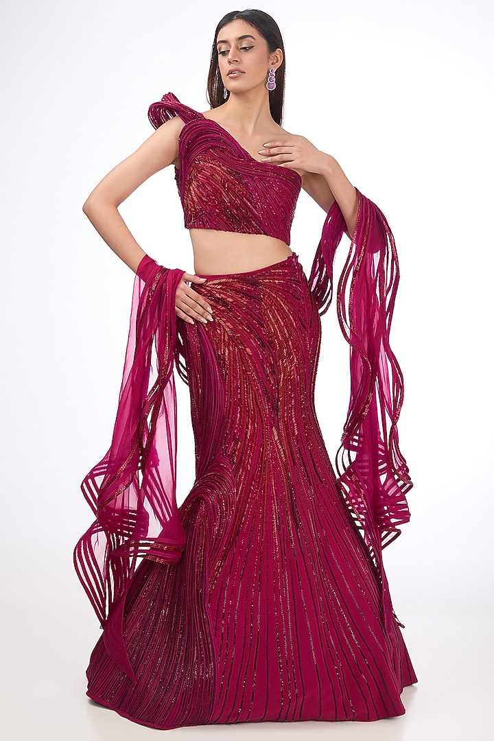 Fuchsia Silk Crepe Bridal Lehenga Set by Gaurav Gupta at Pernia's Pop Up Shop