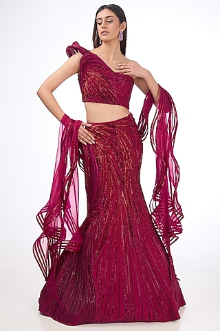 Fuchsia Silk Crepe Lehenga Set by Gaurav Gupta