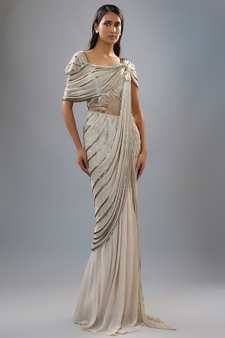 Sage Gold Georgette Bugle Bead Embroidered Gown Saree by Gaurav Gupta