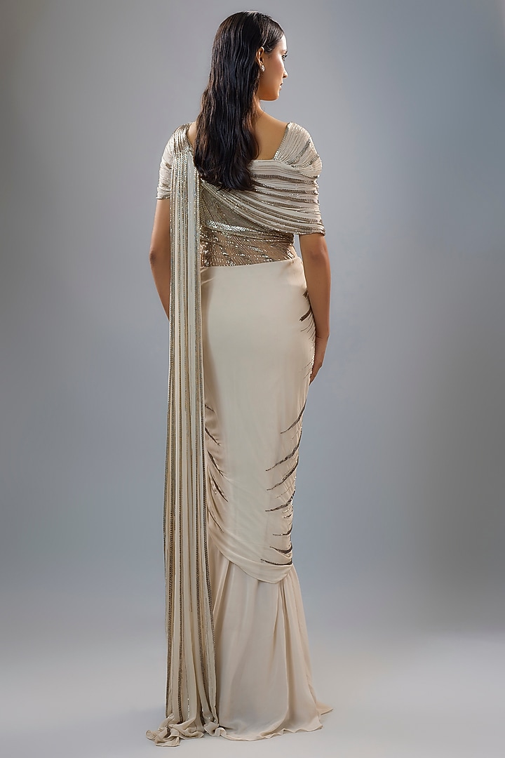 Sage Gold Georgette Bugle Bead Embroidered Bridal Gown Saree by Gaurav Gupta at Pernia's Pop Up Shop