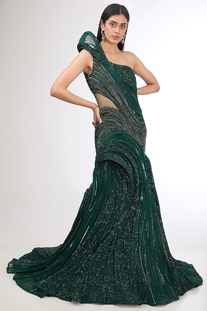 Emerald Green Polyester Sequins Sculpted Bridal Gown by Gaurav Gupta at Pernia's Pop Up Shop