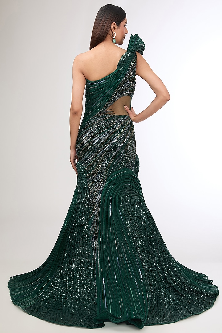 Emerald Green Polyester Sequins Sculpted Bridal Gown by Gaurav Gupta at Pernia's Pop Up Shop